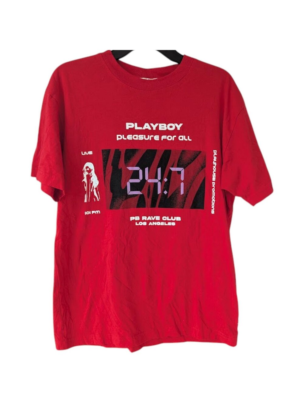 Playboy PacSun T Shirt Mens S Red PB Rave Club Los Angeles Graphic Tee 20.5x27